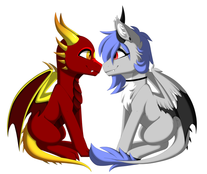 Size: 3600x3038 | Tagged: oc name needed, safe, alternate version, artist:melodytheartpony, derpibooru import, oc, oc:anon, oc:melody silver, unofficial characters only, dracony, dragon, hybrid, pegasus, pony, choker, commission, dragon wings, duo, ear piercing, facing each other, female, feral, happy, image, long mane, looking at each other, looking at someone, male, mare, piercing, png, red eyes, short mane, signature, simple background, sitting, smiling, spread wings, white background, wings, ych result, your character here