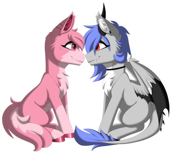 Size: 3393x2989 | Tagged: oc name needed, safe, alternate version, artist:melodytheartpony, derpibooru import, oc, oc:anon, oc:melody silver, ponified, unofficial characters only, dracony, dragon, hybrid, pegasus, pony, wolf, wolf pony, choker, commission, dragon wings, duo, ear piercing, facing each other, female, feral, happy, image, long mane, looking at each other, looking at someone, mare, piercing, png, red eyes, short mane, signature, simple background, sitting, smiling, spread wings, white background, wings, ych result, your character here