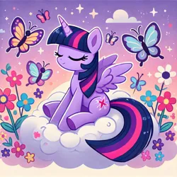 Size: 1024x1024 | Tagged: safe, ai content, derpibooru import, machine learning generated, prompter:heydude5321, twilight sparkle, twilight sparkle (alicorn), alicorn, butterfly, insect, pony, g4, alternate cutie mark, cloud, eyes closed, female, flower, generator:bing image creator, generator:dall-e 3, horn, image, jpeg, mare, sky, solo, wings