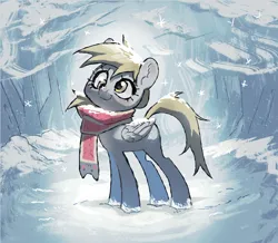 Size: 2632x2296 | Tagged: safe, artist:azaani, derpibooru import, derpy hooves, pegasus, pony, g4, clothes, cute, derpabetes, female, forest, high res, image, jpeg, mare, nature, nyan cat, scarf, smiling, snow, solo, sparkles, sunlight, tree, winter