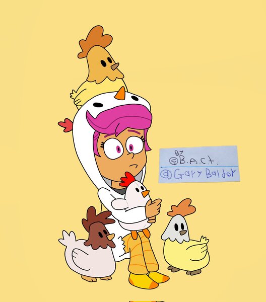 Size: 1801x2048 | Tagged: safe, artist:garybaldor, derpibooru import, scootaloo, bird, chicken, human, equestria girls, g4, animal costume, chicken suit, clothes, costume, eyebrows visible through hair, female, image, jpeg, meme, plushie, pouting, scootachicken, signature, simple background, sitting, socks, yellow background