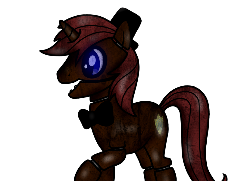 Size: 2048x1536 | Tagged: semi-grimdark, derpibooru import, oc, oc:psyc lulamoon, unofficial characters only, earth pony, pony, robot, robot pony, five nights at aj's, animatronic, animatronic pony, blue eyes, bowtie, creepy, crossover, five nights at freddy's, freddy fazbear, glow, glowing eyes, hat, image, mechanical, png, raised hoof, raised leg, video game crossover