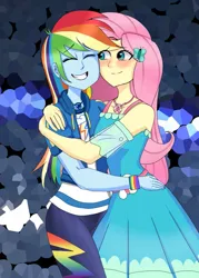 Size: 733x1024 | Tagged: safe, artist:garybaldor, derpibooru import, fluttershy, rainbow dash, human, equestria girls, g4, art trade, blushing, clothes, dress, duo, duo female, eyes closed, female, flutterdash, grin, hairclip, hug, image, jacket, jpeg, lesbian, pants, shipping, shirt, smiling