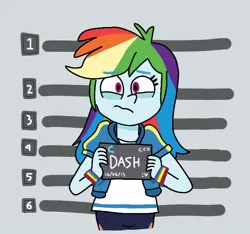 Size: 656x614 | Tagged: safe, artist:garybaldor, derpibooru import, rainbow dash, human, equestria girls, g4, barbie mugshot meme, clothes, female, frown, image, jpeg, looking at you, meme, mugshot, shirt, solo