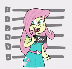 Size: 690x653 | Tagged: safe, artist:garybaldor, derpibooru import, fluttershy, human, equestria girls, g4, barbie mugshot meme, clothes, dress, female, image, jpeg, meme, mugshot, nail polish, open mouth, open smile, smiling, solo