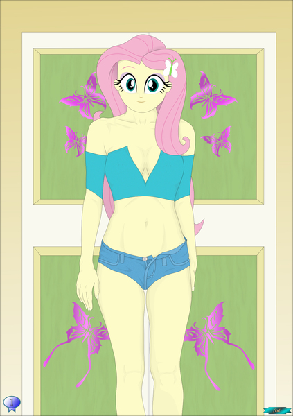 Size: 1328x1884 | Tagged: suggestive, artist:fab3716, part of a set, fluttershy, human, equestria girls, 1, belly button, breasts, butterfly hairpin, clothes, decal, door, erect nipples, eyeshadow, female, hot pants, image, indoors, jpeg, legs, makeup, nipple outline, no bra underneath, part of a series, reasonably sized breasts, shorts, signature, smiling, solo, unbuttoned