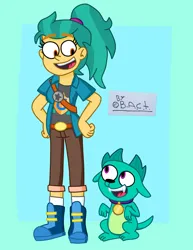 Size: 1585x2048 | Tagged: safe, artist:garybaldor, derpibooru import, hitch trailblazer, sparky sparkeroni, dog, human, equestria girls, g4, g5, clothes, collar, dog collar, g5 to g4, generation leap, harness pathfinder, image, jpeg, ponytail, rule 63, sheriff's badge, smiling