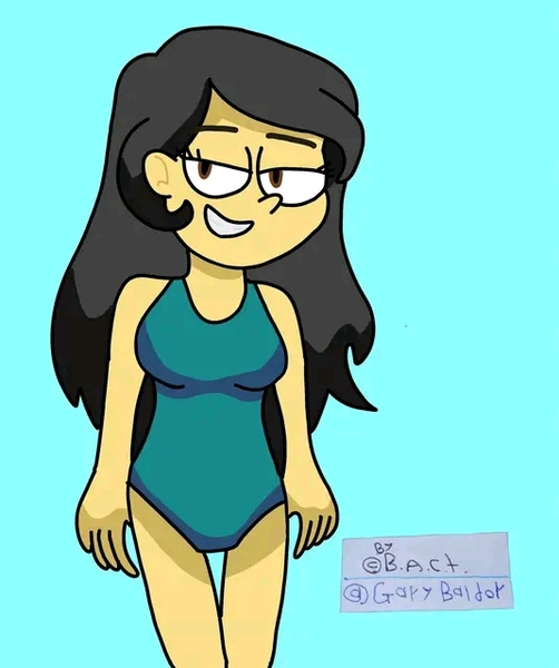 Size: 535x639 | Tagged: safe, artist:garybaldor, derpibooru import, oc, oc:dany melody, unofficial characters only, human, blue swimsuit, clothes, image, jpeg, lidded eyes, looking at you, one-piece swimsuit, simple background, sky blue background, swimsuit