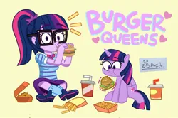 Size: 2080x1383 | Tagged: safe, artist:garybaldor, derpibooru import, sci-twi, twilight sparkle, twilight sparkle (alicorn), alicorn, human, pony, equestria girls, g4, burger, clothes, drink, eating, food, french fries, glasses, hay burger, human ponidox, image, jpeg, onion horseshoes, self paradox, self ponidox, shoes, signature, simple background, sitting, soda, twilight burgkle