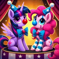 Size: 1024x1024 | Tagged: safe, ai content, derpibooru import, machine learning generated, prompter:heydude5321, pinkie pie, twilight sparkle, twilight sparkle (alicorn), alicorn, earth pony, pony, g4, alternate cutie mark, bowtie, clown, clown nose, duo, female, generator:bing image creator, generator:dall-e 3, hat, horn, image, jpeg, mare, red nose, wings