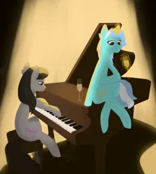 Size: 2480x2772 | Tagged: safe, artist:canary9, derpibooru import, lyra heartstrings, octavia melody, earth pony, pony, unicorn, g4, champagne glass, duo, female, glow, glowing horn, high res, horn, image, magic, mare, musical instrument, piano, playing, png, sitting, spotlight, telekinesis