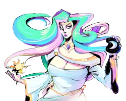 Size: 5000x4000 | Tagged: safe, artist:2hotskulls, derpibooru import, princess celestia, human, g4, absurd resolution, blank eyes, breasts, busty princess celestia, cleavage, clothes, dress, female, hades (game), humanized, image, moon, png, simple background, solo, sun, transparent background