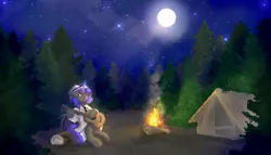 Size: 5000x2860 | Tagged: safe, artist:mariashek, derpibooru import, oc, unofficial characters only, bat pony, pony, bat pony oc, bat wings, bonfire, fire, forest, guitar, image, moon, musical instrument, nature, night, night in the woods, png, tent, tree, wings