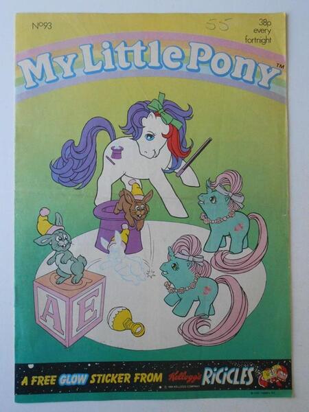 Size: 720x960 | Tagged: safe, derpibooru import, magic hat, earth pony, pony, rabbit, unicorn, g1, alphabet blocks, animal, comic cover, cover, cover art, female, filly, foal, hat, horn, image, jabber, jebber, jewelry, jpeg, magic wand, mare, my little pony vol. 1, my little pony vol. 1 #93, necklace, official comic, photo, raised hoof, rattle, tail, top hat