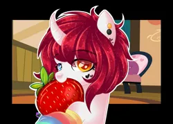 Size: 2048x1466 | Tagged: safe, artist:emyart18, ponerpics import, oc, unofficial characters only, pony, female, food, heterochromia, image, jpeg, mare, solo, strawberry