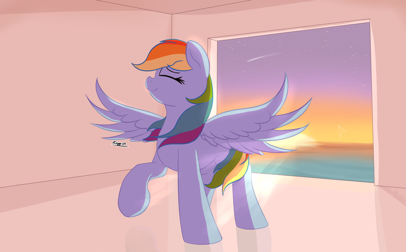 Size: 3447x2138 | Tagged: safe, artist:ricy, ponerpics import, rainbow dash, bird, pegasus, pony, seagull, eyes closed, female, image, mare, ocean, png, shooting star, smiling, solo, spread wings, sunset, wings