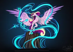 Size: 1600x1143 | Tagged: safe, artist:sunny way, derpibooru import, princess cadance, alicorn, pony, g4, action, archer, armor, arrow, art, artwork, bow, concept, concept art, digital art, female, flying, horn, image, magic, mare, my little pony, png, princess, solo, spell, spread wings, temerity, wings