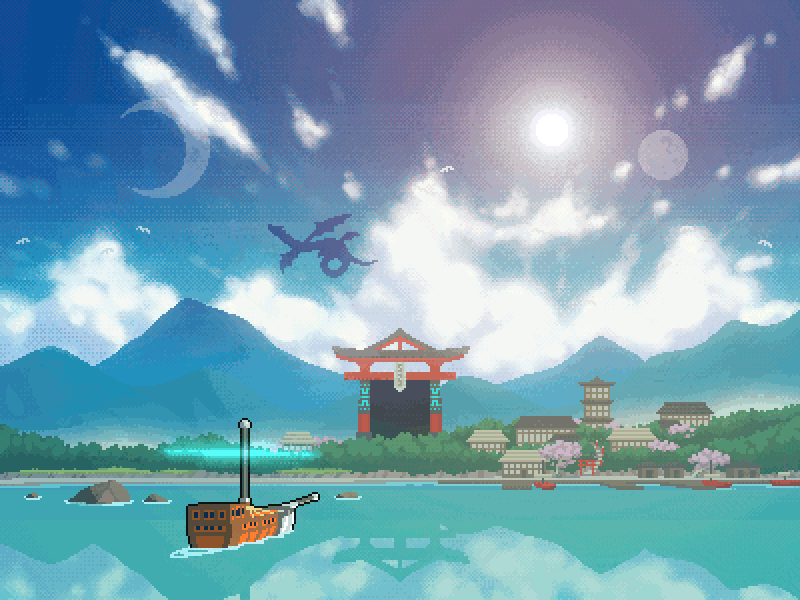 Size: 800x600 | Tagged: safe, artist:rangelost, derpibooru import, dragon, cyoa:d20 pony, cloud, cyoa, digital art, forest, harbor, image, lens flare, magic, magic circle, moon, mountain, mountain range, nature, ocean, pier, pixel art, png, scenery, ship, sky, story included, sun, tree, village, water