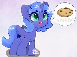 Size: 4000x3000 | Tagged: safe, artist:zokkili, derpibooru import, princess luna, alicorn, pony, g4, beanbrows, cookie, cute, ear fluff, eyebrows, eyebrows visible through hair, female, folded wings, food, high res, horn, image, jpeg, lunabetes, male, mare, open mouth, open smile, signature, smiling, solo, speech bubble, tail, wings