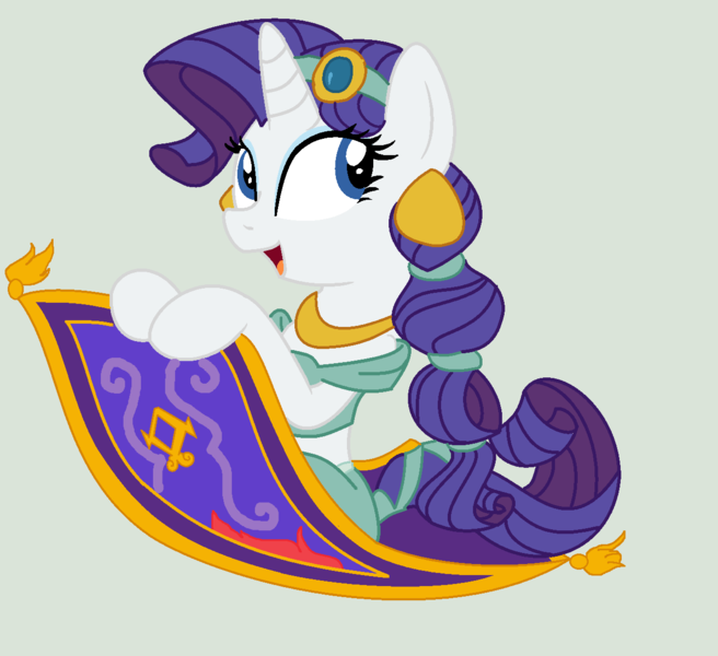 Size: 1304x1192 | Tagged: safe, artist:doggie31, derpibooru import, rarity, pony, unicorn, g4, aladdin, belly dancer outfit, carpet, clothes, cosplay, costume, crossover, cute, disney, disney princess, ear piercing, earring, female, flying, harem outfit, horn, image, jewelry, magic carpet, mare, midriff, piercing, png, princess jasmine, raribetes, smiling, solo