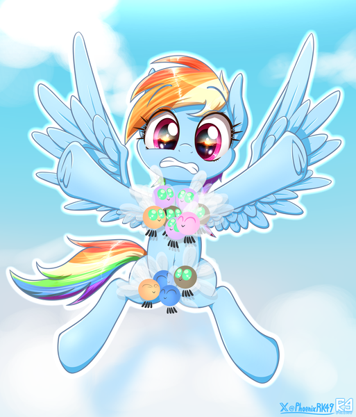 Size: 3845x4500 | Tagged: safe, artist:phoenixrk49, derpibooru import, rainbow dash, parasprite, pegasus, pony, g4, swarm of the century, absurd resolution, female, flying, frown, gritted teeth, image, mare, my little pony, parasprite bikini, png, scene interpretation, signature, solo, spread wings, strategically covered, teeth, wings