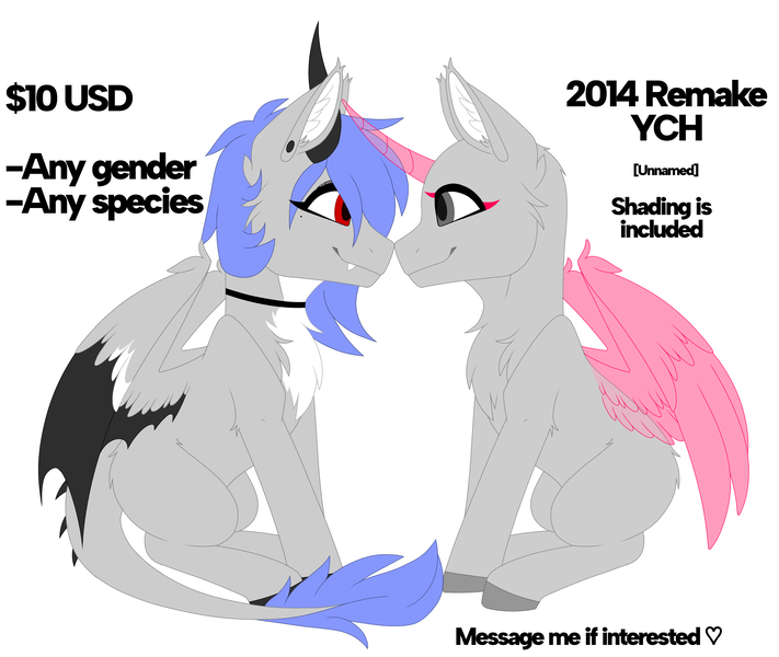 Size: 3600x3038 | Tagged: safe, artist:melodytheartpony, derpibooru import, oc, oc:melody silver, unofficial characters only, dracony, dragon, hybrid, pony, any character, any gender, choker, commission, duo, ear piercing, facing each other, female, feral, happy, image, looking at each other, looking at someone, mare, piercing, png, red eyes, short mane, signature, simple background, sitting, smiling, spread wings, white background, wings, your character here