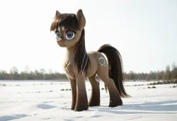 Size: 2104x1440 | Tagged: safe, ai content, derpibooru import, generator:pony realism 2.2, machine learning generated, oc, unofficial characters only, pony, taiga pony, chest fluff, female, hooves, image, jpeg, looking offscreen, mare, outdoors, prompter:siber, realistic, snow, solo, standing, unshorn fetlocks