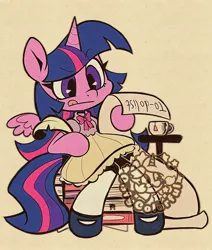 Size: 2862x3368 | Tagged: safe, artist:colorfulcolor233, derpibooru import, part of a set, twilight sparkle, twilight sparkle (alicorn), alicorn, pony, semi-anthro, g4, book, clothes, cup, dress, feather, feather pen, female, image, jpeg, pen, scroll, shoes, simple background, sitting, socks, solo, teacup, tongue out