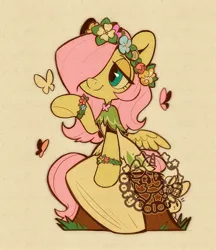 Size: 2911x3368 | Tagged: safe, artist:colorfulcolor233, derpibooru import, part of a set, fluttershy, butterfly, insect, pegasus, pony, rabbit, semi-anthro, g4, animal, bracelet, clothes, cute, cutie mark, cutie mark on clothes, dress, female, floral head wreath, flower, flower bracelet, hair over one eye, image, jewelry, jpeg, shyabetes, simple background, sitting, solo, tree stump