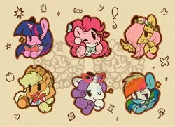 Size: 3334x2409 | Tagged: safe, artist:colorfulcolor233, derpibooru import, part of a set, applejack, fluttershy, pinkie pie, rainbow dash, rarity, twilight sparkle, twilight sparkle (alicorn), alicorn, earth pony, pegasus, pony, semi-anthro, unicorn, g4, alternate design, book, bust, cider, clothes, female, floral head wreath, flower, flower bracelet, glasses, goggles, horn, image, jpeg, looking at you, mane six, one eye closed, simple background, wink