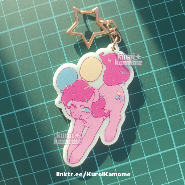 Size: 1280x1280 | Tagged: safe, artist:kuroikamome, derpibooru import, pinkie pie, earth pony, g4, balloon, curly mane, female, image, keychain, link, looking at you, merchandise, one eye closed, patterned background, photo, pink mane, png, smiling, solo, the legend of zelda, watermark, wink, winking at you