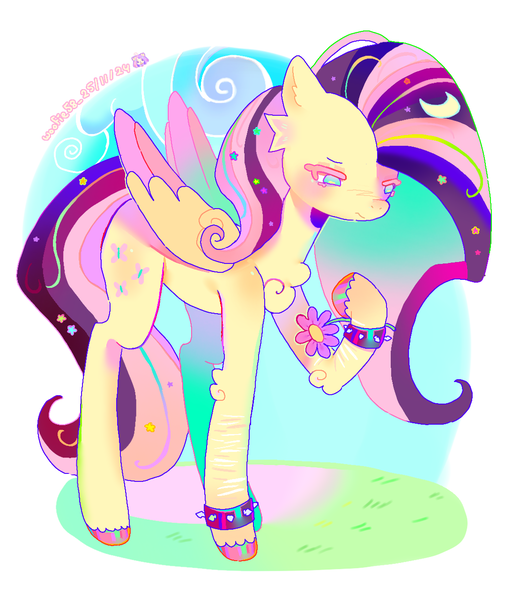 Size: 1110x1280 | Tagged: safe, artist:woofie58_, derpibooru import, fluttershy, pegasus, pony, bracelet, emoshy, female, flower, flower in hair, holding, image, mare, png, solo, spiked wristband, unshorn fetlocks, wristband