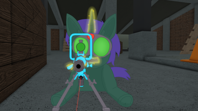 Size: 2560x1440 | Tagged: safe, artist:xada, derpibooru import, oc, oc:harmonious percussion, pony, unicorn, bipod, concrete, construction site, crate, game screencap, goggles, gun, hooves, horn, image, laser, lying down, magic, night, night vision goggles, png, prone, rifle, roblox, scope, sniper rifle, solo, telekinesis, traffic cone, weapon