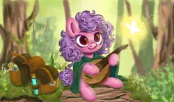 Size: 1566x920 | Tagged: safe, artist:just_yuki, derpibooru import, oc, unofficial characters only, butterfly, earth pony, insect, pony, bag, forest, image, lute, magic, nature, playing, png, purple hair, purple mane, red eyes, saddle bag, scar, sitting, smiling, solo, tree