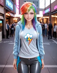 Size: 896x1152 | Tagged: safe, ai content, derpibooru import, machine learning generated, rainbow dash, human, g4, blurry background, breasts, busty rainbow dash, clothes, cutie mark, cutie mark on clothes, denim, female, freckles, gray shirt, humanized, image, jacket, jeans, jewelry, leather, leather pants, leaves, long hair, looking at you, necklace, open clothes, open jacket, outdoors, pants, png, prompter:sammykun, realistic, shirt, smiling, solo focus, standing, street, teeth