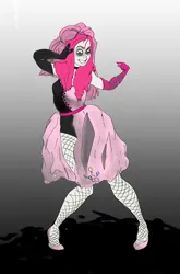 Size: 2944x4470 | Tagged: safe, artist:ponny, derpibooru import, pinkie pie, human, bipedal, clothes, crazy face, drawthread, dress, faic, fishnet clothing, fishnets, humanized, image, insanity, pinkamena diane pie, png, pointing, pointing at self, requested art, smiling, socks, solo, stockings, thigh highs