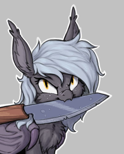 Size: 403x500 | Tagged: safe, artist:shydale, derpibooru import, oc, oc:reeree, bat pony, pony, bat pony oc, bat wings, cheek fluff, chest fluff, ear fluff, fangs, freckles, frown, holding a knife, image, knife, looking at you, magma.com, membranous wings, mouth hold, outline, peace was never an option, png, simple background, slit pupils, that's a knife, wings