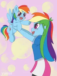 Size: 1441x1920 | Tagged: safe, artist:yumir, derpibooru import, rainbow dash, human, pegasus, pony, equestria girls, g4, female, holding a pony, human ponidox, image, jpeg, mare, self paradox, self ponidox