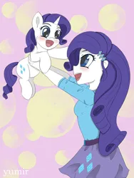 Size: 1441x1920 | Tagged: safe, artist:yumir, derpibooru import, human, pony, unicorn, equestria girls, g4, female, holding a pony, horn, human ponidox, image, jpeg, mare, self paradox, self ponidox