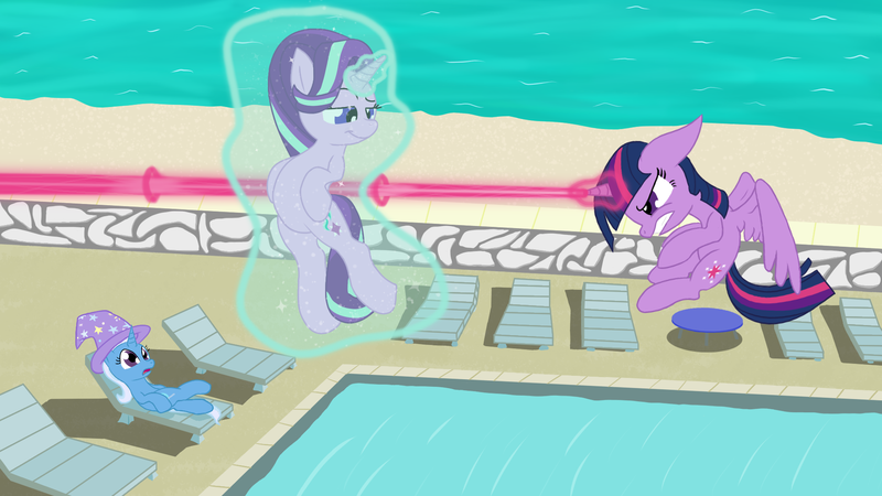 Size: 1920x1080 | Tagged: safe, artist:agreylongma, derpibooru import, starlight glimmer, trixie, twilight sparkle, twilight sparkle (alicorn), alicorn, pony, unicorn, g4, beach, beach chair, chair, clothes, female, flying, glow, glowing horn, hat, horn, image, magic, magic aura, mare, ocean, path, png, sand, smug, spread wings, swimming pool, telekinesis, trixie's hat, water, wings