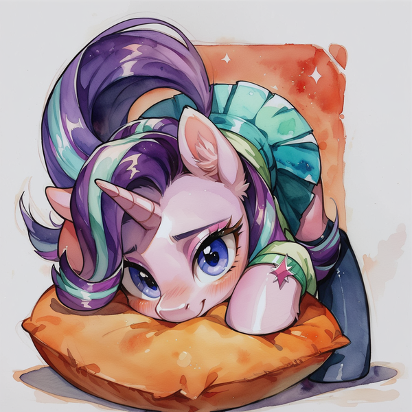 Size: 1280x1280 | Tagged: safe, ai content, derpibooru import, machine learning generated, prompter:ilham470, starlight glimmer, pony, unicorn, g4, clothes, horn, image, pillow, png, skirt, solo