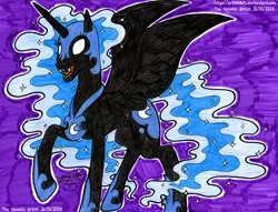 Size: 4289x3285 | Tagged: safe, artist:artistnjc, derpibooru import, nightmare moon, alicorn, g4, antagonist, colored, concave belly, ethereal mane, evil grin, grin, image, png, raised hoof, sharp teeth, signature, slender, smiling, solo, spread wings, teeth, thin, traditional art, villainess, white eyes, wings