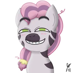 Size: 2048x2048 | Tagged: safe, artist:jesslmc16, derpibooru import, idw, pony, zebra, g5, anya forger, braces, bust, female, filly, foal, image, looking at you, my little pony: skye's secret, parody, png, portrait, simple background, skye, smiling, smiling at you, solo, spy x family, white background