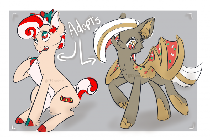 Size: 2351x1567 | Tagged: safe, artist:elinetic, derpibooru import, oc, ponified, unofficial characters only, bat pony, cookie pony, deer, deer pony, food pony, hybrid, original species, pony, adoptable, bat pony oc, bat wings, candy, candy cane, cloven hooves, coat markings, colored ear fluff, colored hooves, colored wings, cookie, deer pony oc, food, hoof on chest, hooves, image, looking at you, mouth hold, png, signature, spread wings, tail, two toned eyes, two toned mane, two toned tail, walking, wings