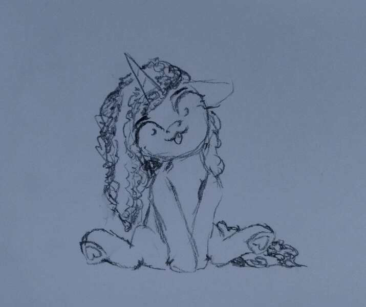 Size: 2045x1715 | Tagged: safe, artist:gangrene, derpibooru import, pony, unicorn, g5, :p, doodle, female, grayscale, horn, image, jpeg, mare, misty brightdawn, monochrome, solo, tongue out, traditional art