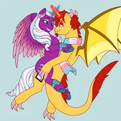 Size: 3000x3000 | Tagged: safe, artist:syniedraw, derpibooru import, oc, alicorn, dragon, pony, g5, canon x oc, dragon oc, duo, female, hug, image, mare, non-pony oc, opaline arcana, png, pride flag, self insert, shipping, trans pride flag