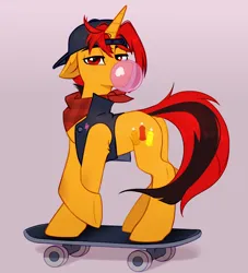 Size: 2632x2904 | Tagged: safe, alternate version, artist:taneysha, derpibooru import, oc, unofficial characters only, pony, unicorn, bubblegum, food, gum, horn, image, jpeg, skateboard, solo, unicorn oc