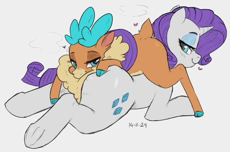 Size: 1077x713 | Tagged: suggestive, artist:mofueus, rarity, velvet reindeer, deer, pony, unicorn, them's fightin' herds, bedroom eyes, butt, butt pillow, cloven hooves, community related, crossover, duo, female, frog (hoof), hoofbutt, horn, image, looking at each other, looking at someone, looking at you, looking back, lying down, mare, monochrome, on top, plot, png, prone, simple background, underhoof, white background