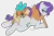 Size: 1077x713 | Tagged: suggestive, artist:mofueus, rarity, velvet reindeer, deer, pony, unicorn, them's fightin' herds, bedroom eyes, butt, butt pillow, cloven hooves, community related, crossover, duo, female, frog (hoof), hoofbutt, horn, image, looking at each other, looking at someone, looking at you, looking back, lying down, mare, monochrome, on top, plot, png, prone, simple background, underhoof, white background