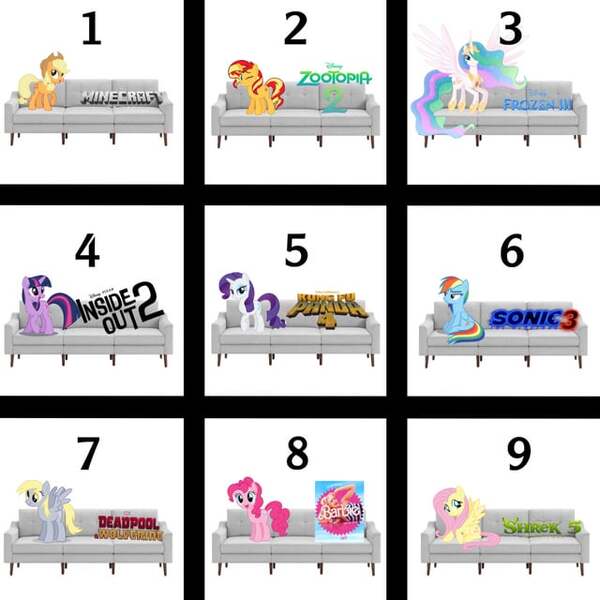 Size: 640x640 | Tagged: safe, artist:faultapprehensive574, derpibooru import, applejack, derpy hooves, fluttershy, pinkie pie, princess celestia, rainbow dash, rarity, sunset shimmer, twilight sparkle, alicorn, earth pony, pegasus, pony, unicorn, g4, barbie, barbie (film), couch, deadpool and wolverine, female, frozen (movie), frozen 3, horn, image, inside out, inside out 2, jpeg, kung fu panda, kung fu panda 4, mare, minecraft, minecraft movie, shrek, shrek 5, simple background, sonic the hedgehog (series), sonic the hedgehog 3 (film), unicorn twilight, white background, zootopia, zootopia 2